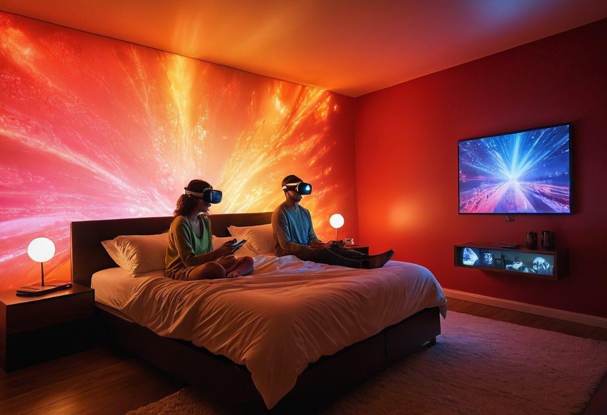 An imaginative representation of a vibrant adult media scene, featuring interactive digital devices seamlessly blending into intimate environments, such as a cozy bedroom. Soft light illuminates a couple engaged in a shared experience with holographic projections, illustrating the connection between technology and intimacy. Include elements of virtual reality headsets, touch screens, and warm colors to enhance the inviting atmosphere. surreal and modern art style. vibrant colors. warm tones.
