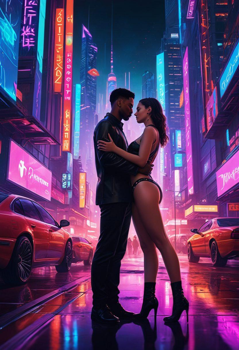 A sensual, futuristic cityscape illuminated by neon lights, showcasing diverse couples engaging with holographic technology in a playful yet intimate manner. Incorporate abstract shapes and symbols representing modern digital relationships, with a backdrop of skyscrapers merging traditional erotic art styles with modern aesthetics. The overall mood should be vibrant and inviting, blending technology with the essence of intimacy. super-realistic. vibrant colors. cyberpunk.