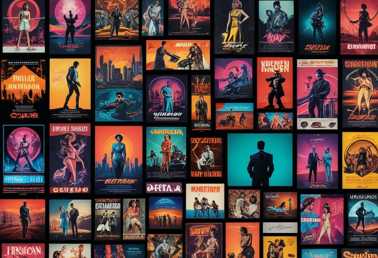 A dynamic collage showcasing the evolution of adult entertainment through the decades. Include vintage film reels, classic movie posters, and modern digital screens displaying various forms of sensual media. Surround the central images with abstract representations of societal changes and cultural shifts, incorporating elements like neon lights and vintage decor. The setting should reflect a blend of nostalgia and modernity, capturing the essence of transformation. vibrant colors. cyberpunk aesthetic.